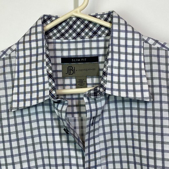 JHane Barnes JHB Men's button up cotton gray blue white shirt plaid slim fit L - Picture 2 of 13